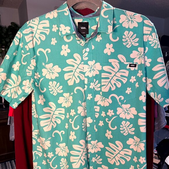 VANS Turquoise & White 100% Cotton Hawaiian Short-Sleeve Button-Up SZ XL - Picture 1 of 6